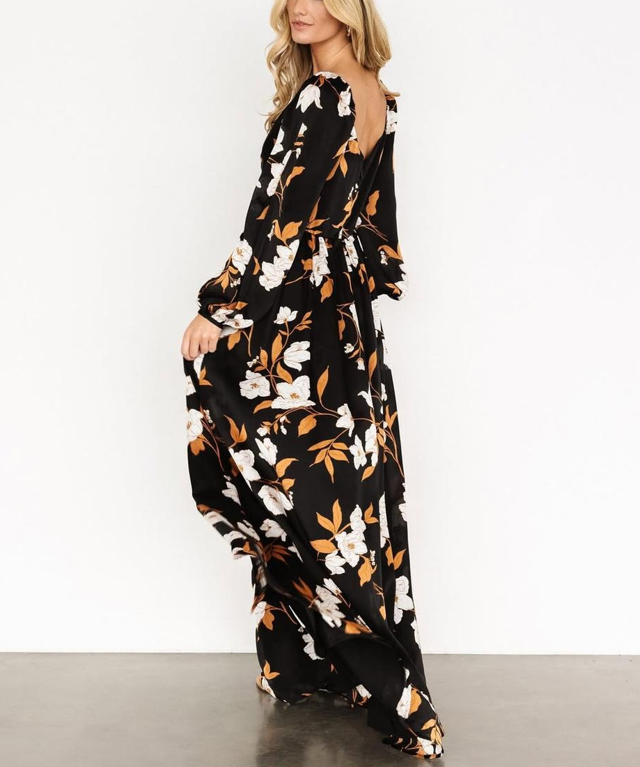 Chic Floral Print Long Sleeve V-Neck Maxi Dress