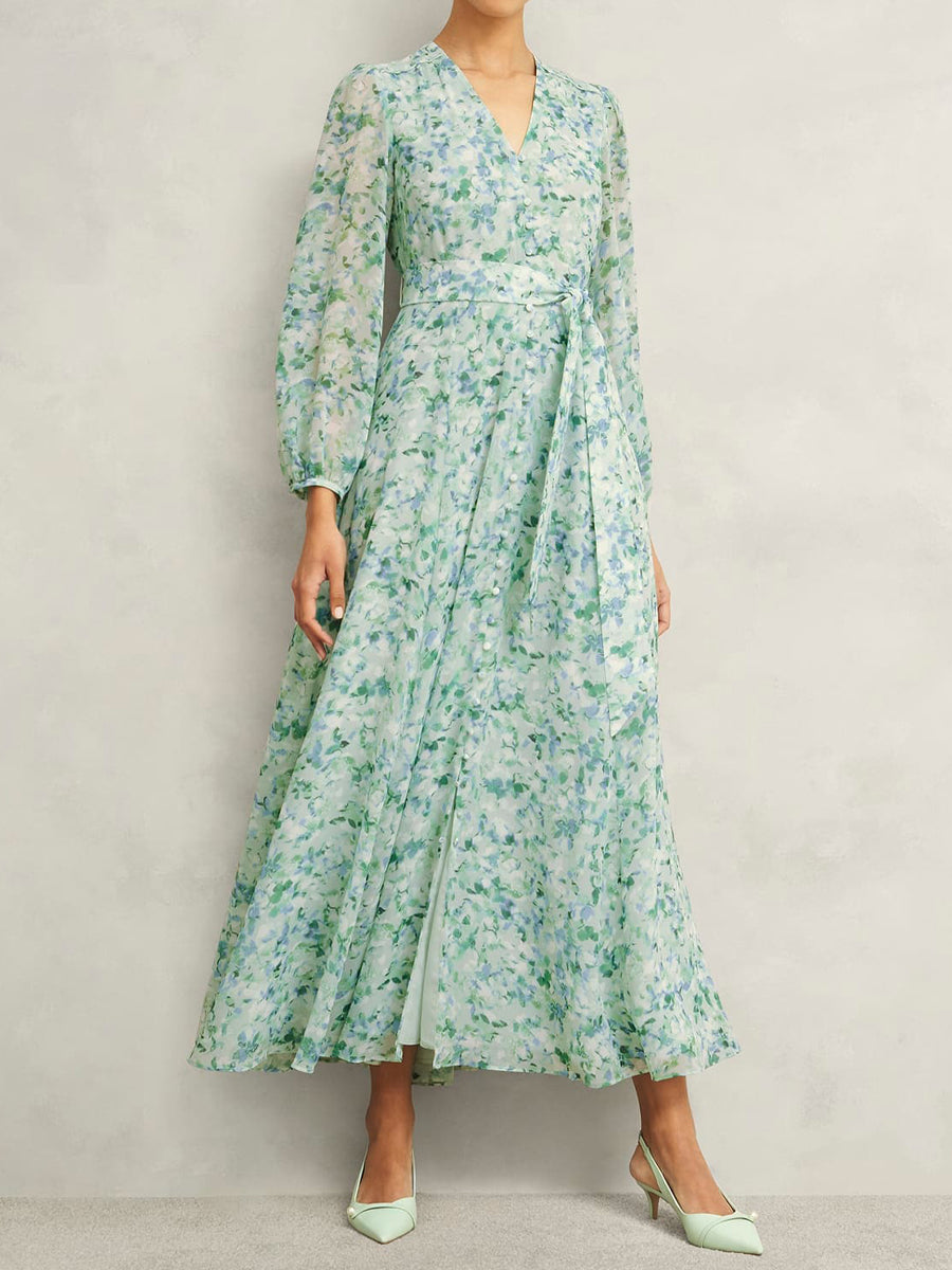Printed V Neck Tie Belted Dress