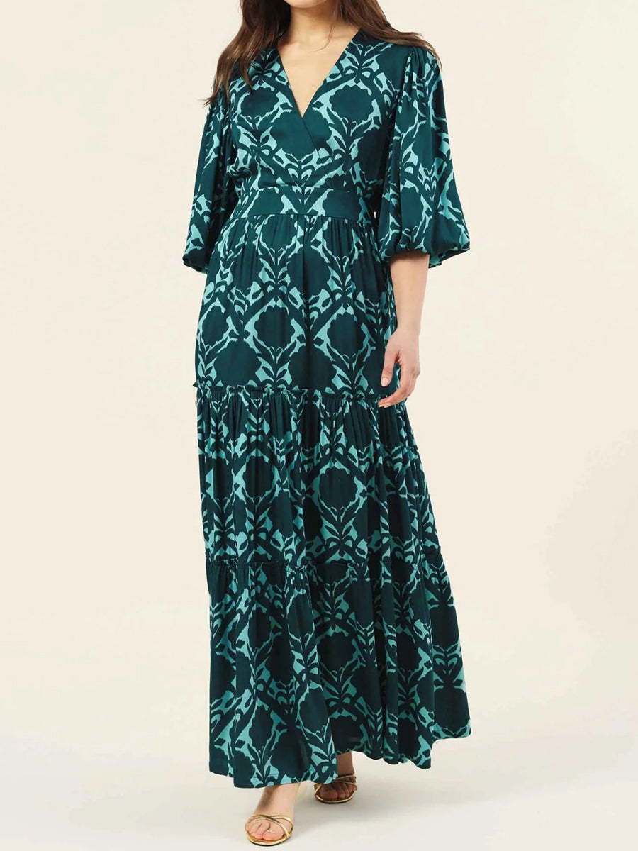 Floral Print V Neck Long Sleeve Dress