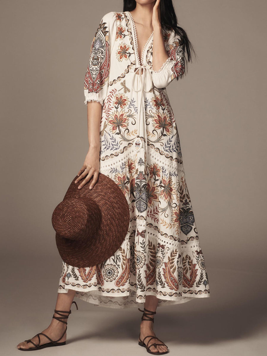 Floral Printed V Neck Tie Up Maxi Dress