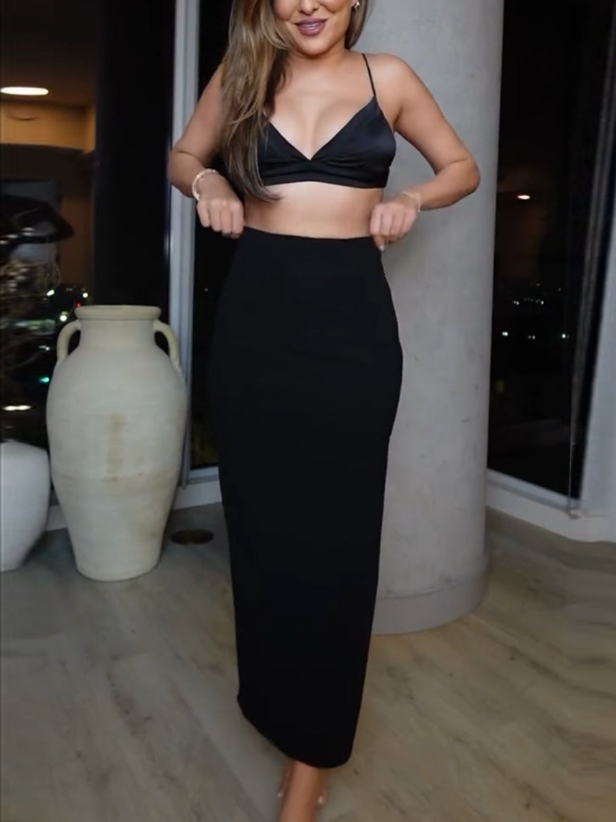 Shiny Tassel Stand Neck Crop Cape Blouse And Midi Skirt