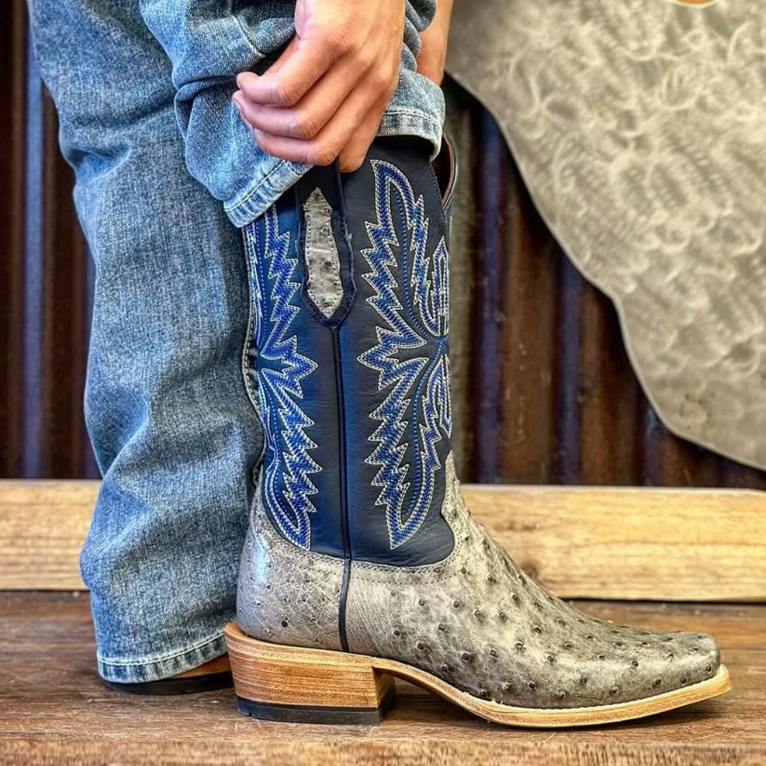 Gray Ostrich Leather Print Cowboy Boots