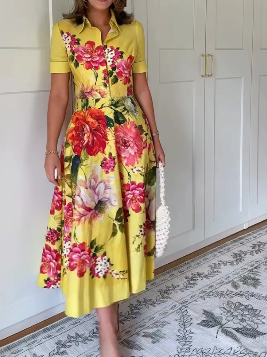 Floral Print Elegant Shirt Midi Dress