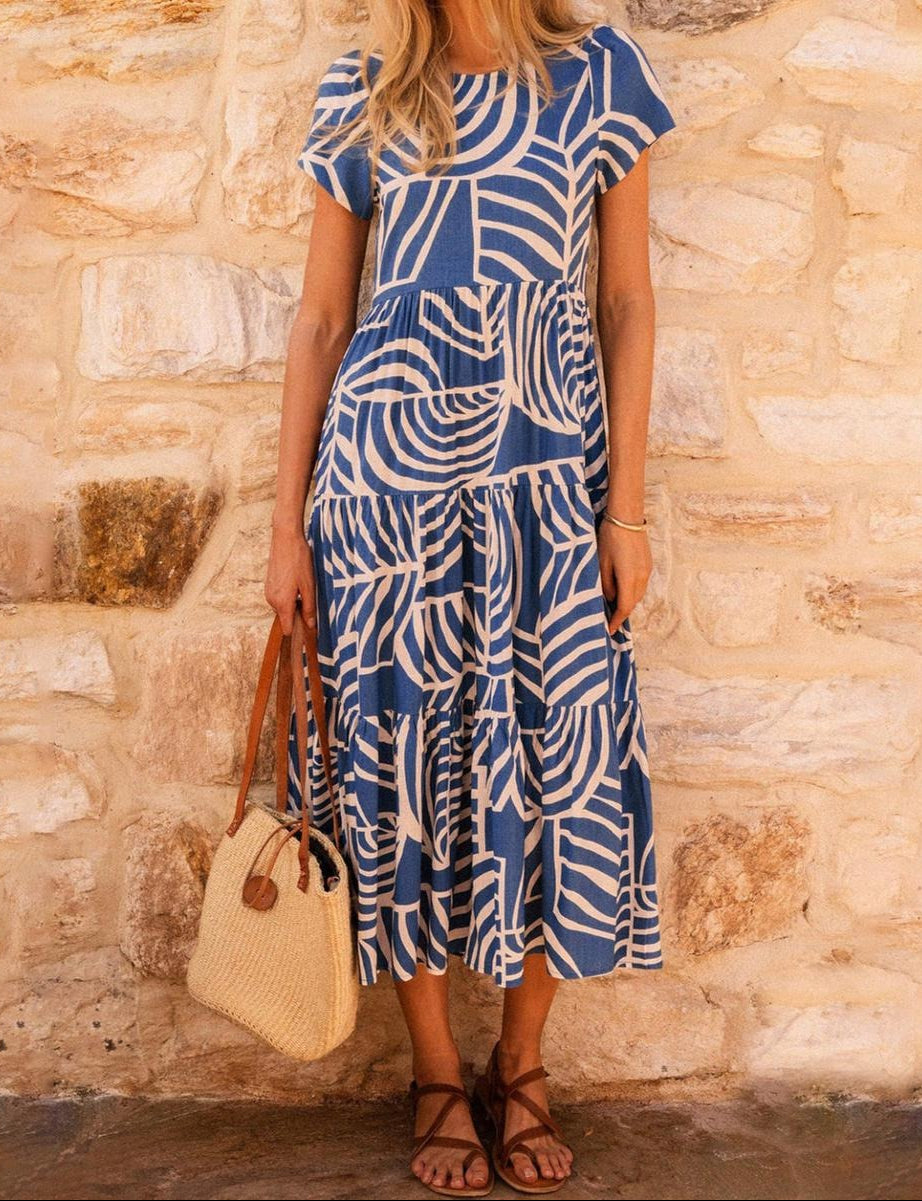Blue Short Sleeve Round Neck Midi Dress