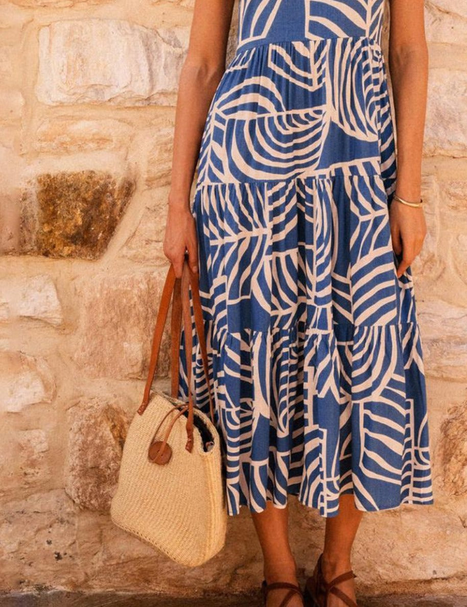 Blue Short Sleeve Round Neck Midi Dress