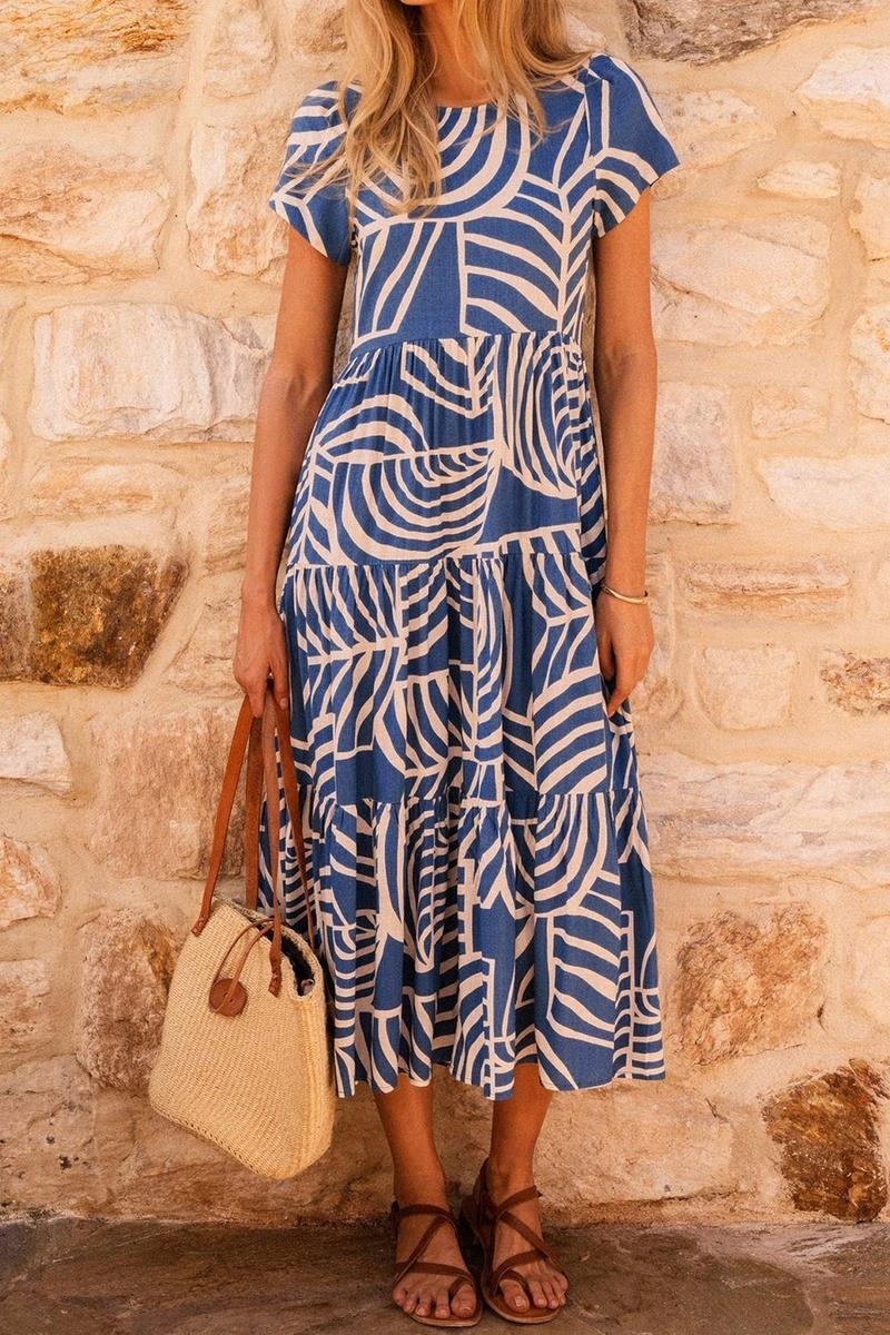 Blue Short Sleeve Round Neck Midi Dress