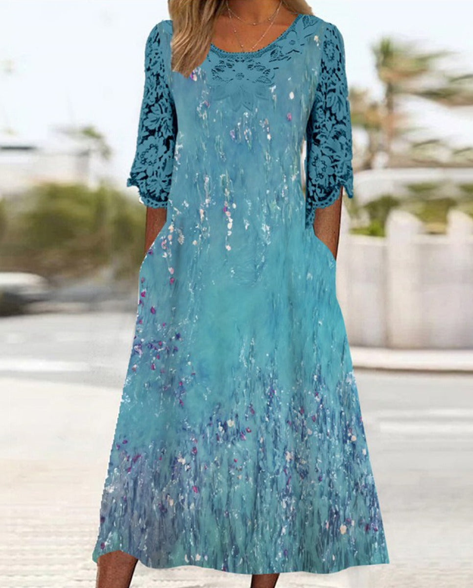 Stunning 3/4 Sleeve Side Pocket Blue Midi Dress