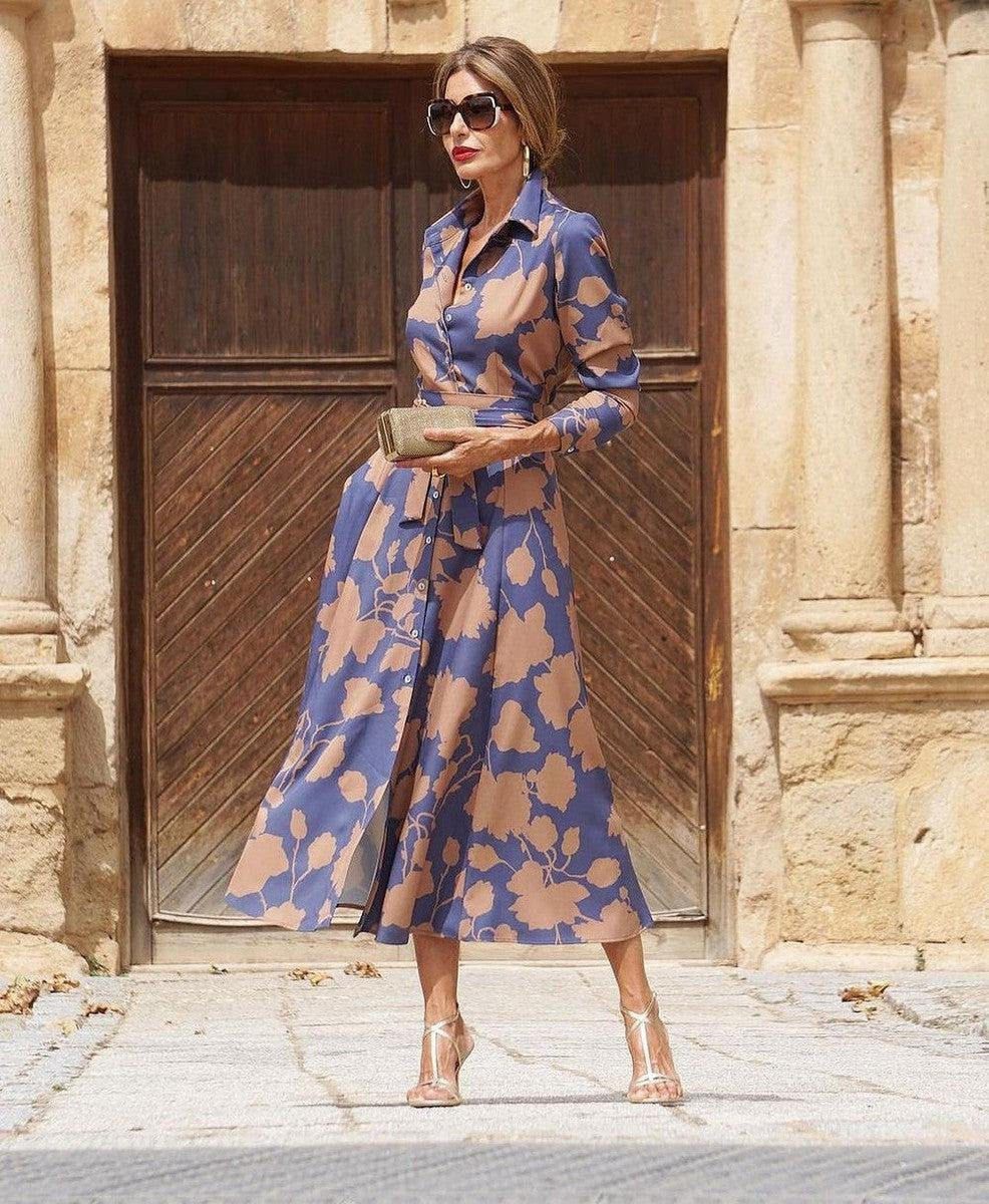 Chic Floral Print Collared Midi Dress