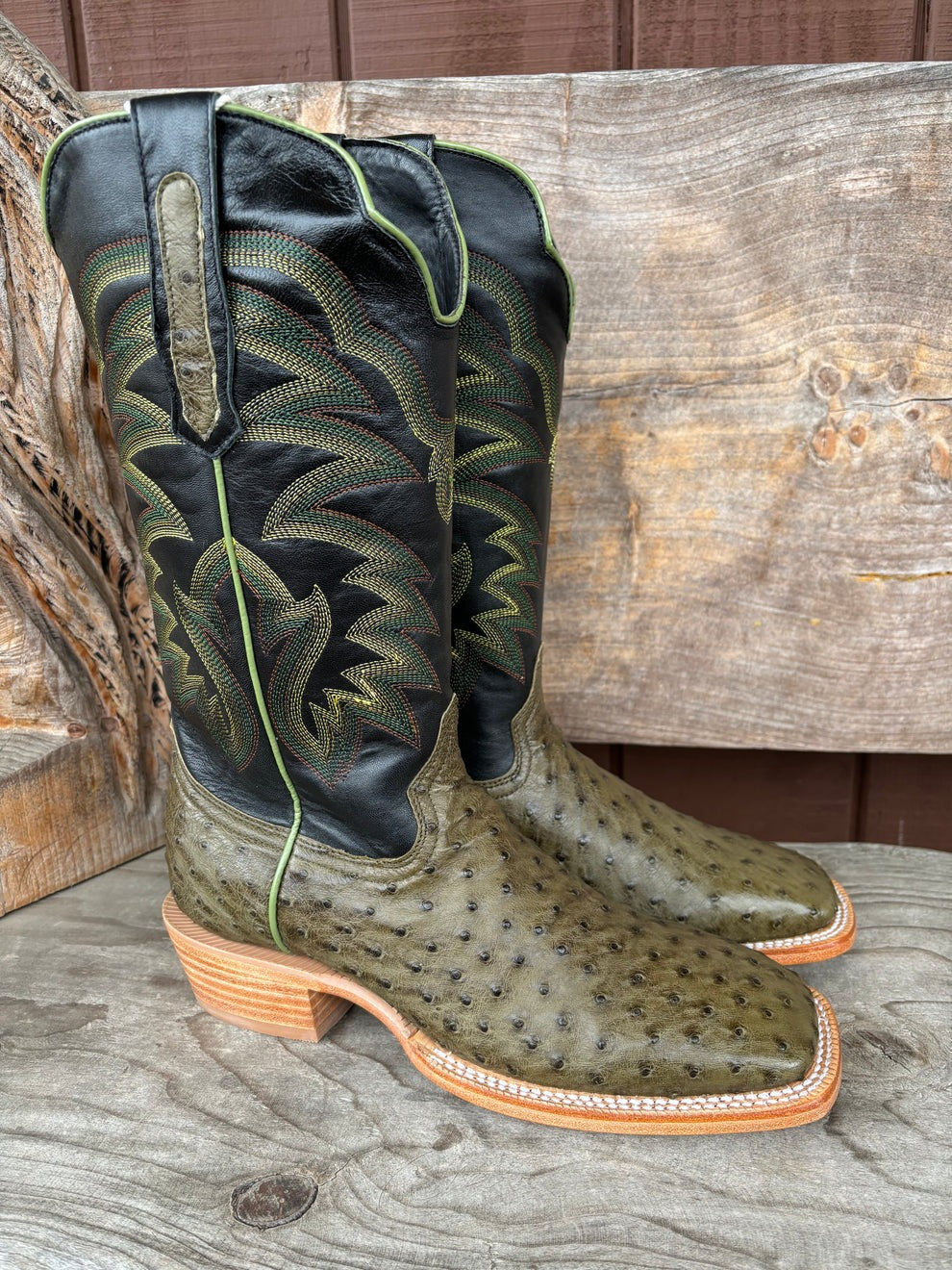 Green Ostrich Leather Print Cowboy Boots