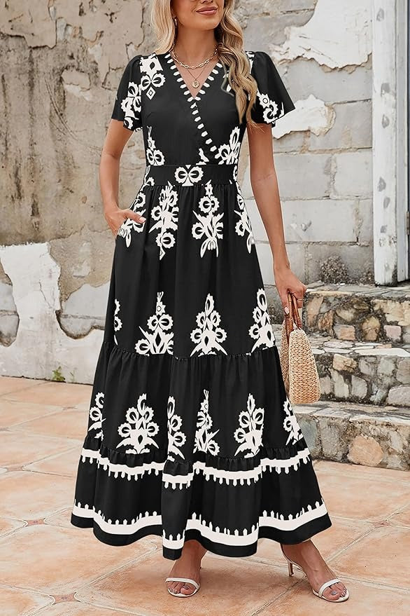 Bell Sleeve Floral Flowy Swing Maxi Dress
