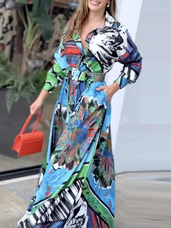 Loose A-line Abstract Print Shirt Collar Maxi Dress