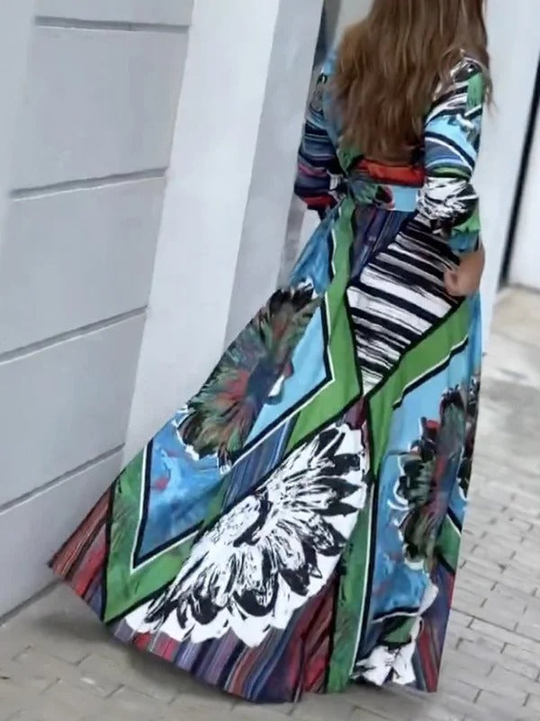 Loose A-line Abstract Print Shirt Collar Maxi Dress