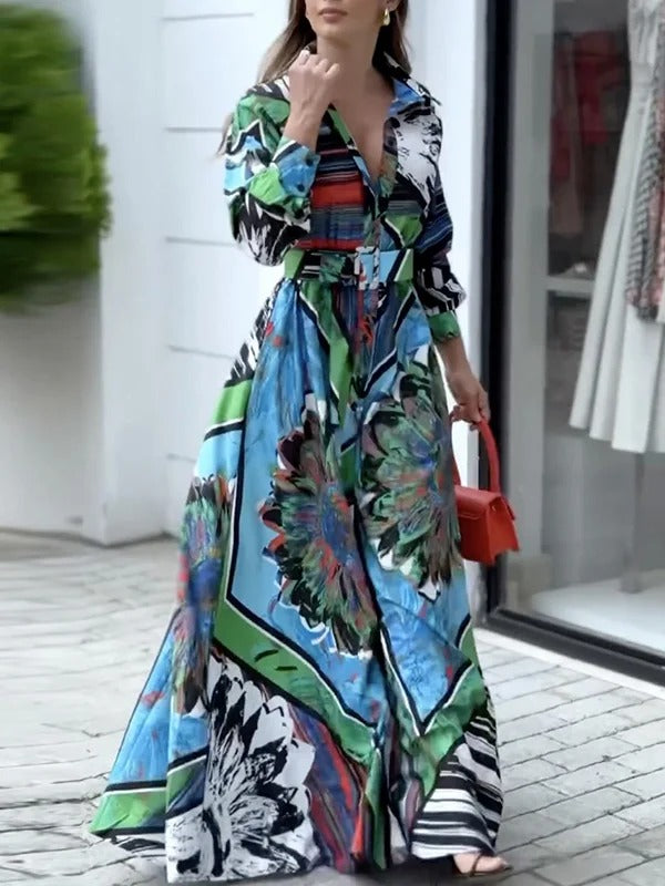 Loose A-line Abstract Print Shirt Collar Maxi Dress