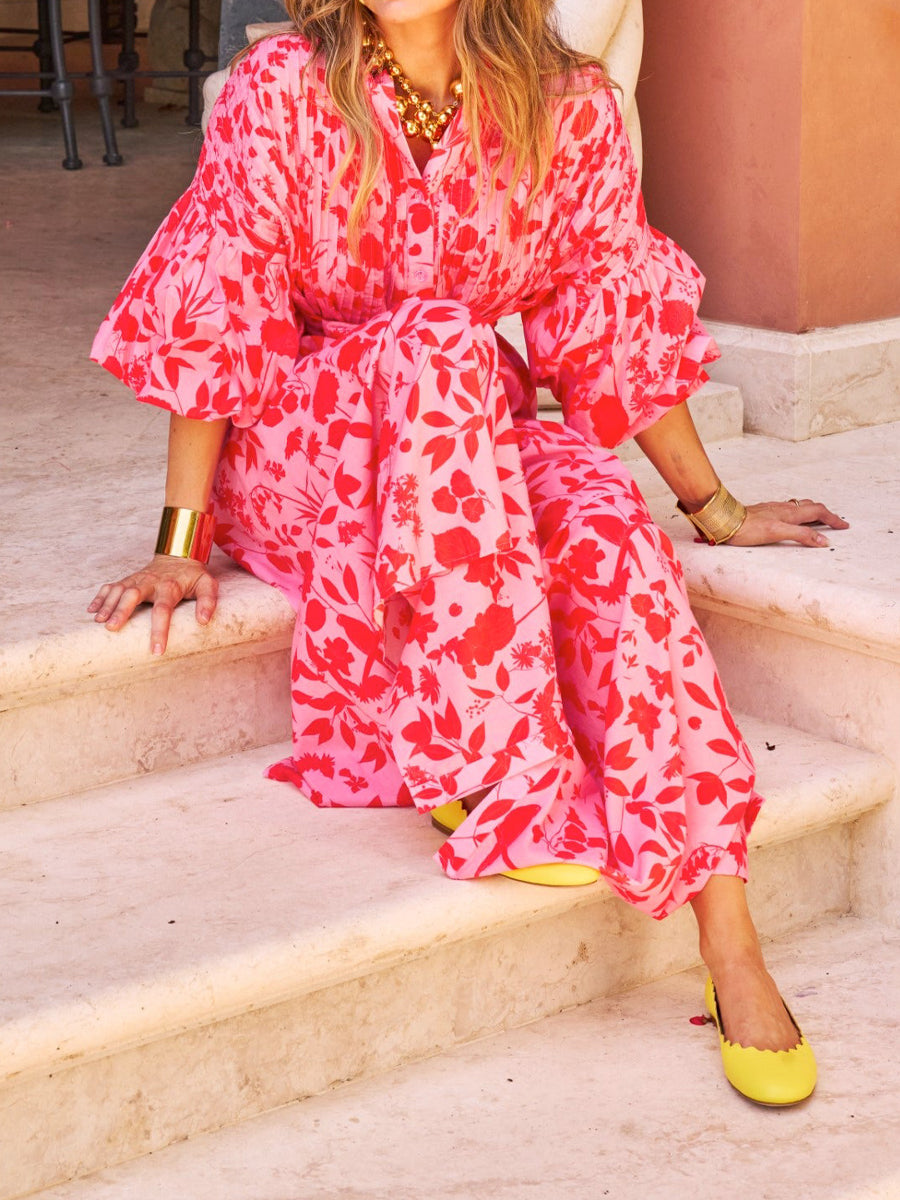 Printed Full Gathered Sleeve Maxi Dress