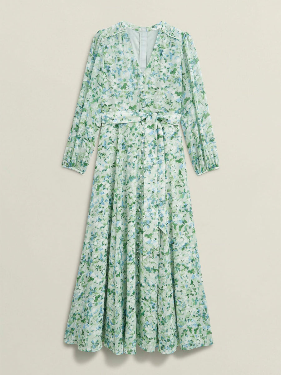 Printed V Neck Tie Belted Dress