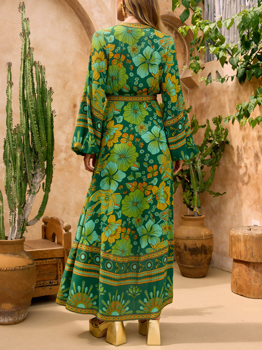 Unique Printed V-Neck Wrapped Maxi Dress