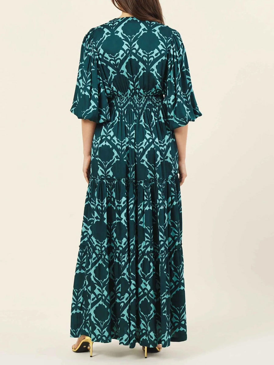 Floral Print V Neck Long Sleeve Dress