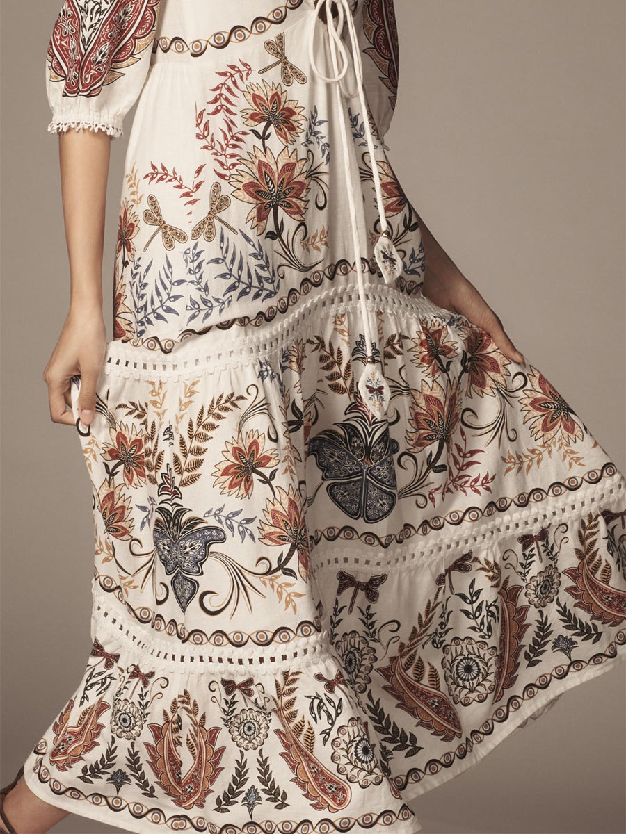 Floral Printed V Neck Tie Up Maxi Dress