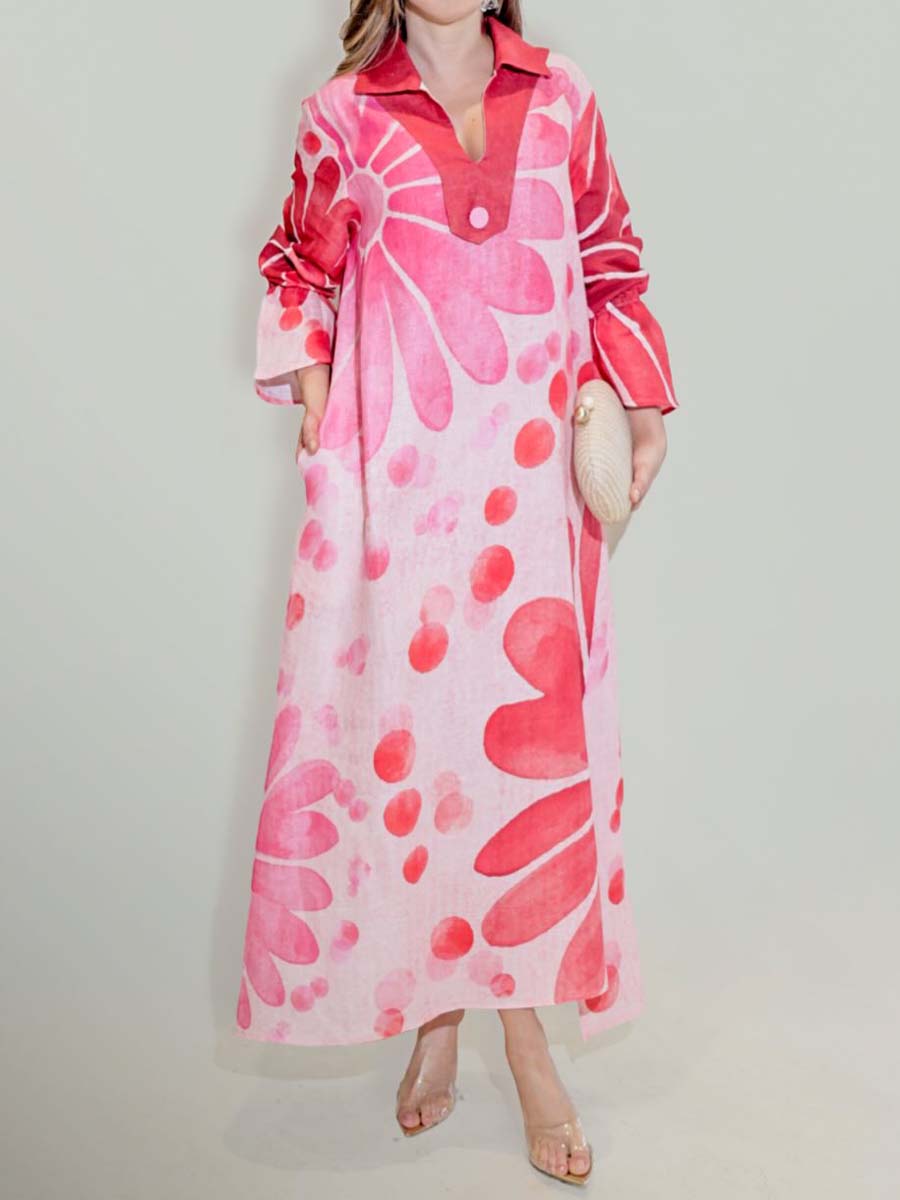 Casual Printed V-Neck Slit Hem Dress