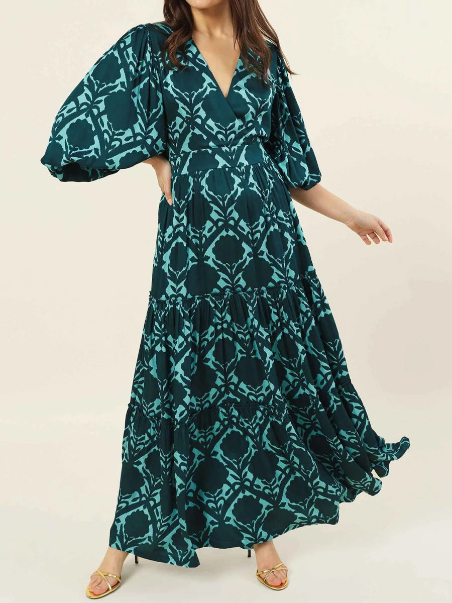 Floral Print V Neck Long Sleeve Dress