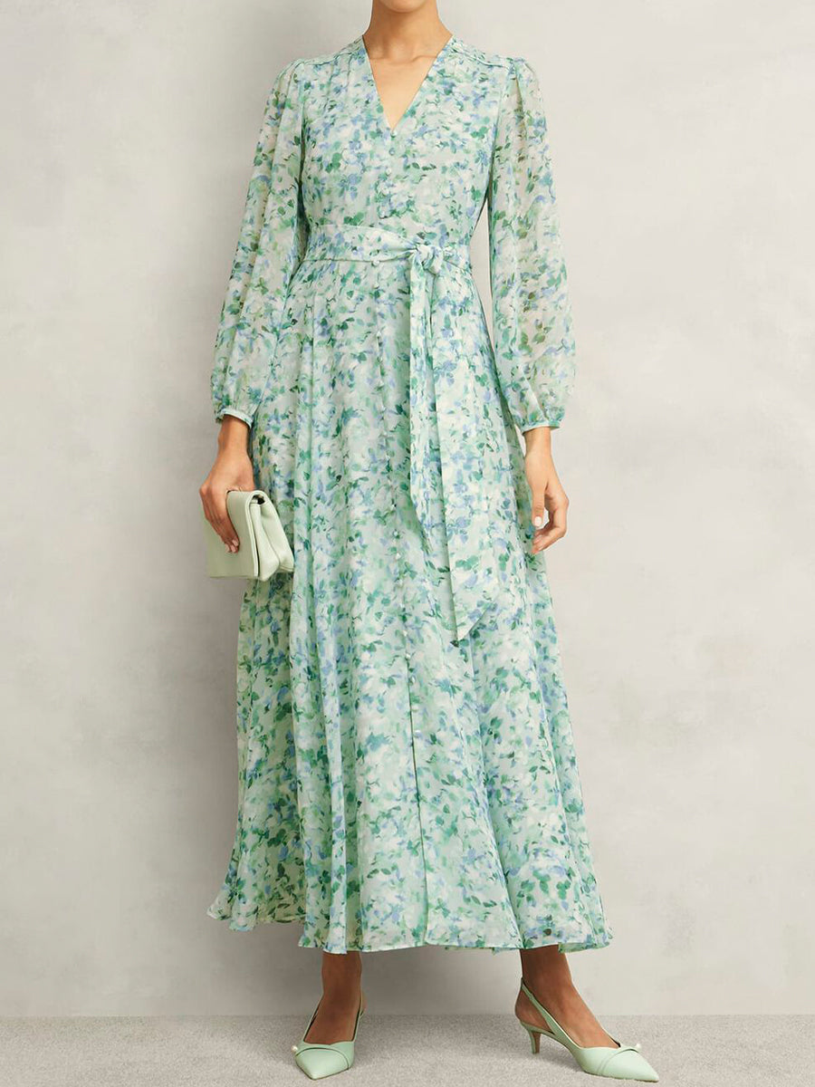 Printed V Neck Tie Belted Dress