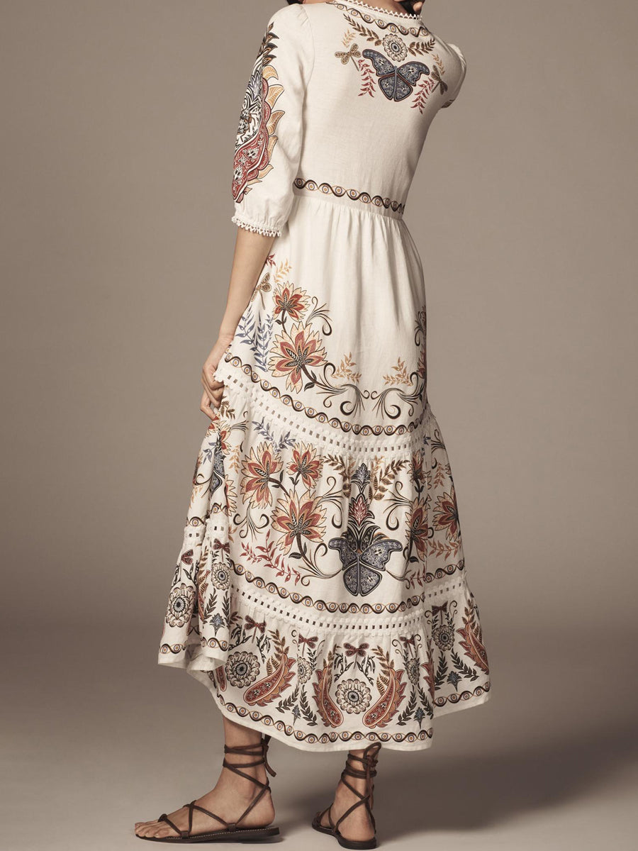 Floral Printed V Neck Tie Up Maxi Dress