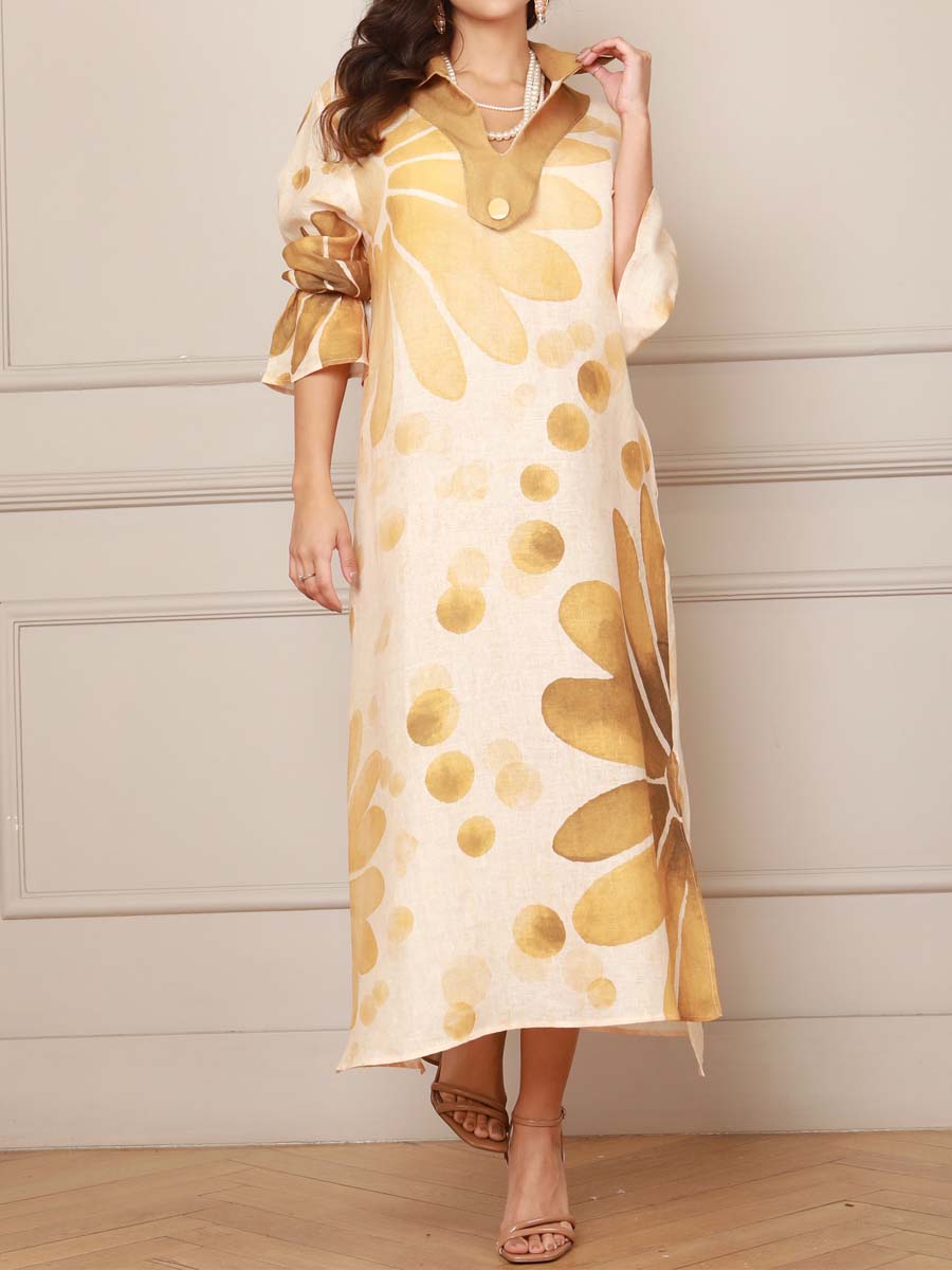 Casual Printed V-Neck Slit Hem Dress