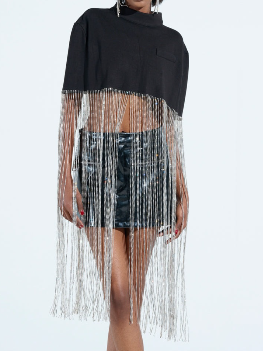 Shiny Tassel Stand Neck Crop Cape Blouse And Midi Skirt