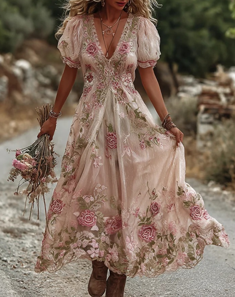 Vintage Floral Print Linen Maxi Dress