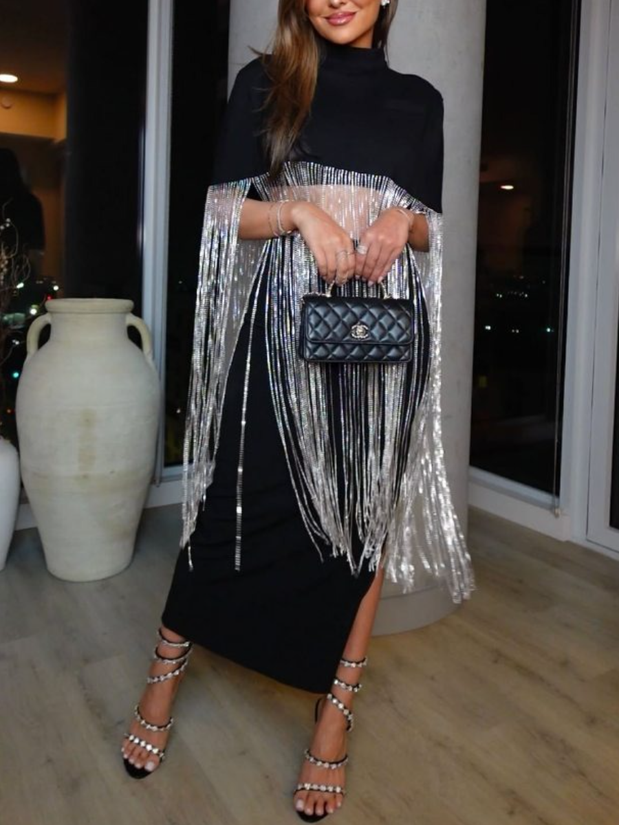 Shiny Tassel Stand Neck Crop Cape Blouse And Midi Skirt