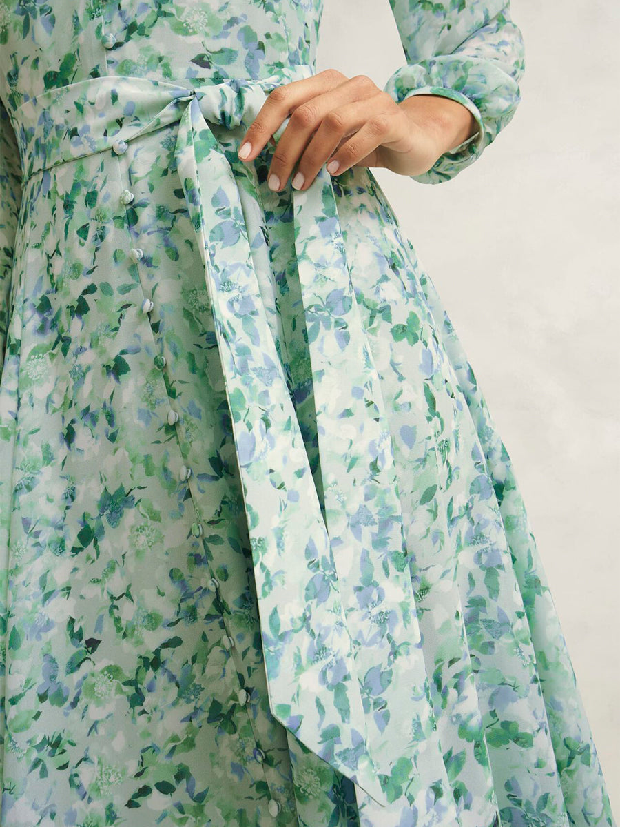 Printed V Neck Tie Belted Dress
