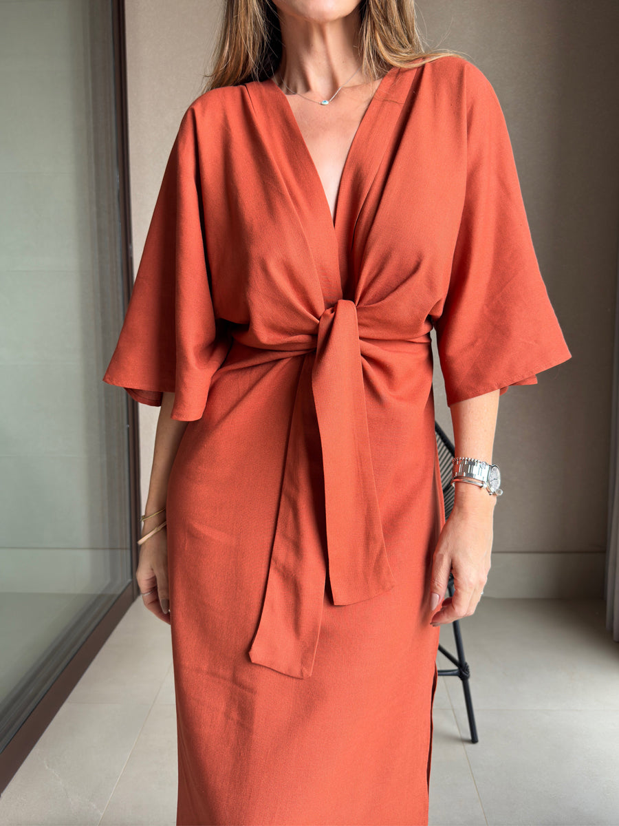 V-Neck Lace Up Slit Hem Dress
