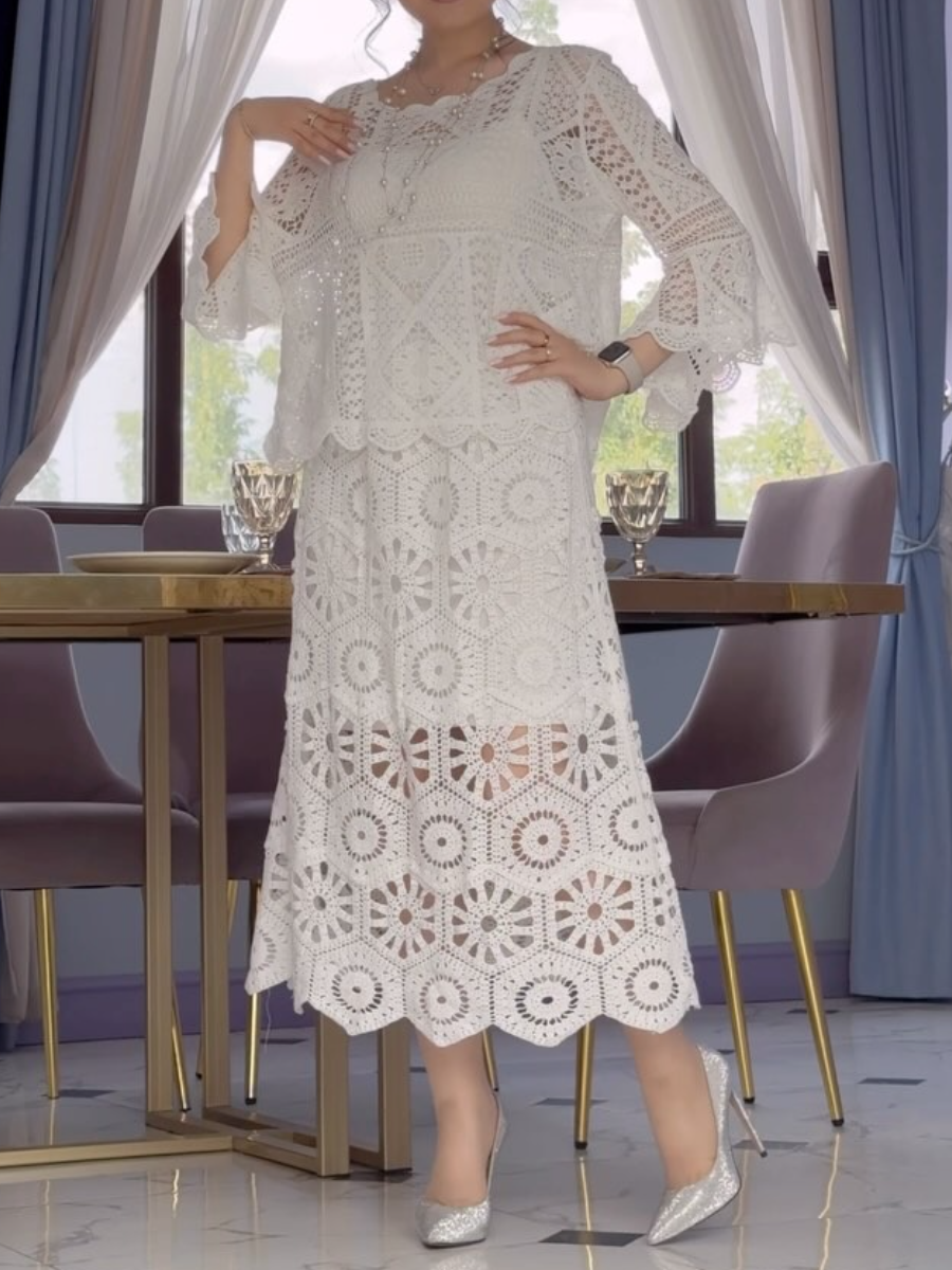 Gentle Lace Bell Sleeve Two Piece Dress
