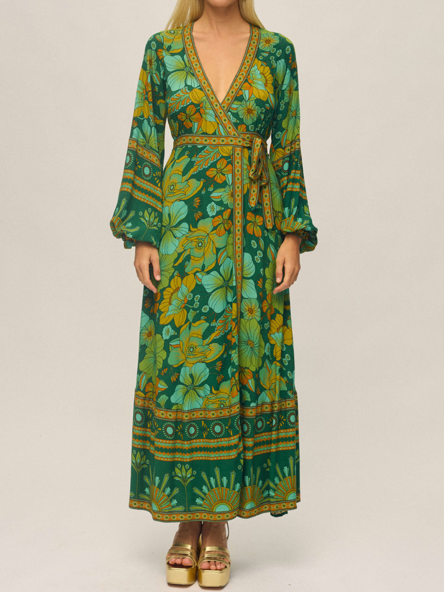 Unique Printed V-Neck Wrapped Maxi Dress