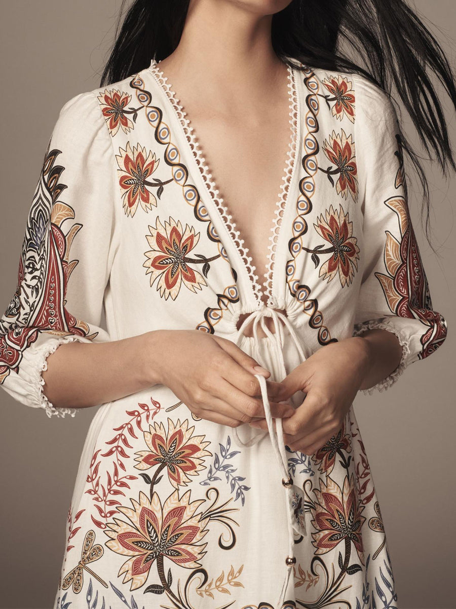 Floral Printed V Neck Tie Up Maxi Dress