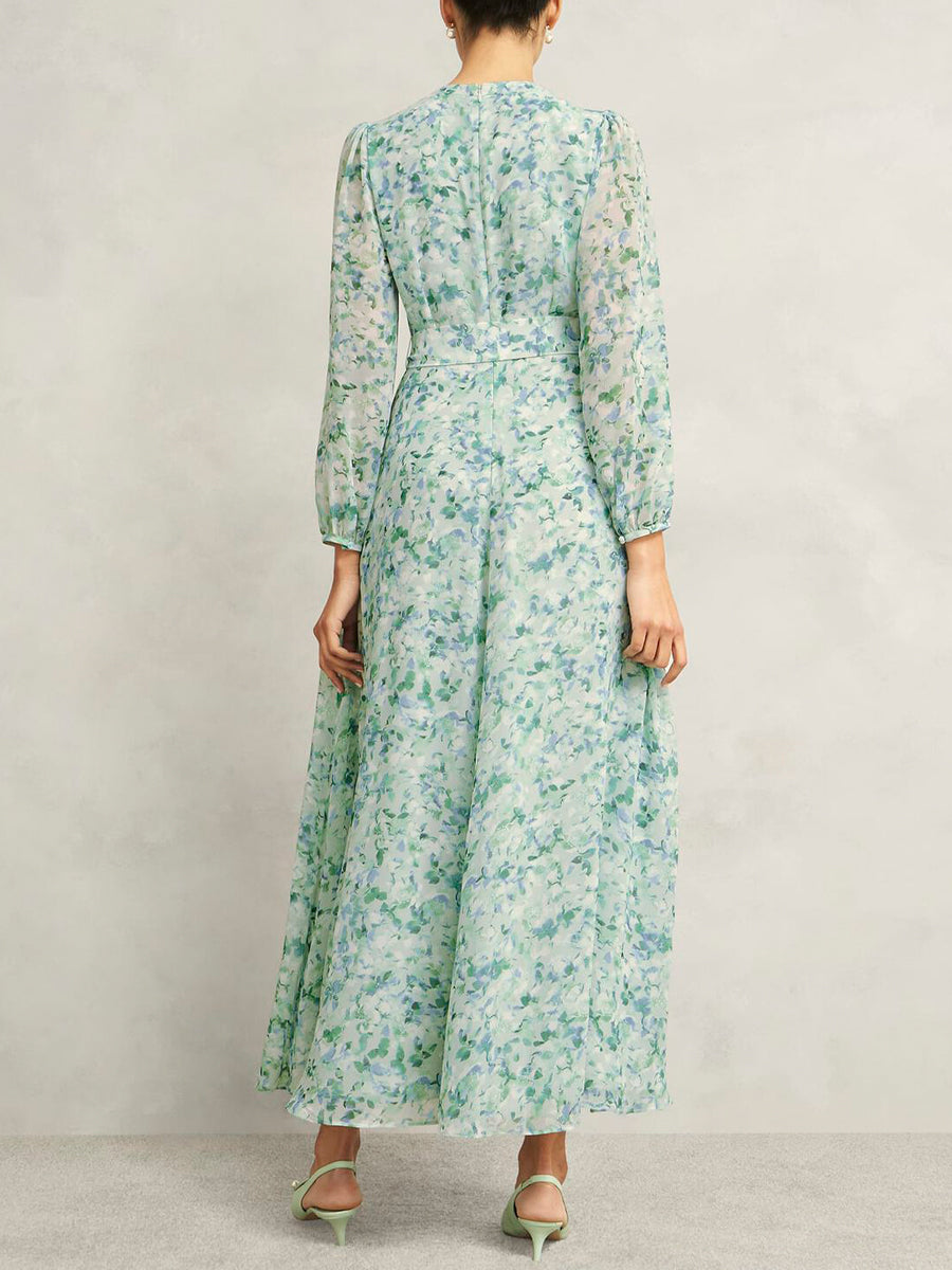Printed V Neck Tie Belted Dress