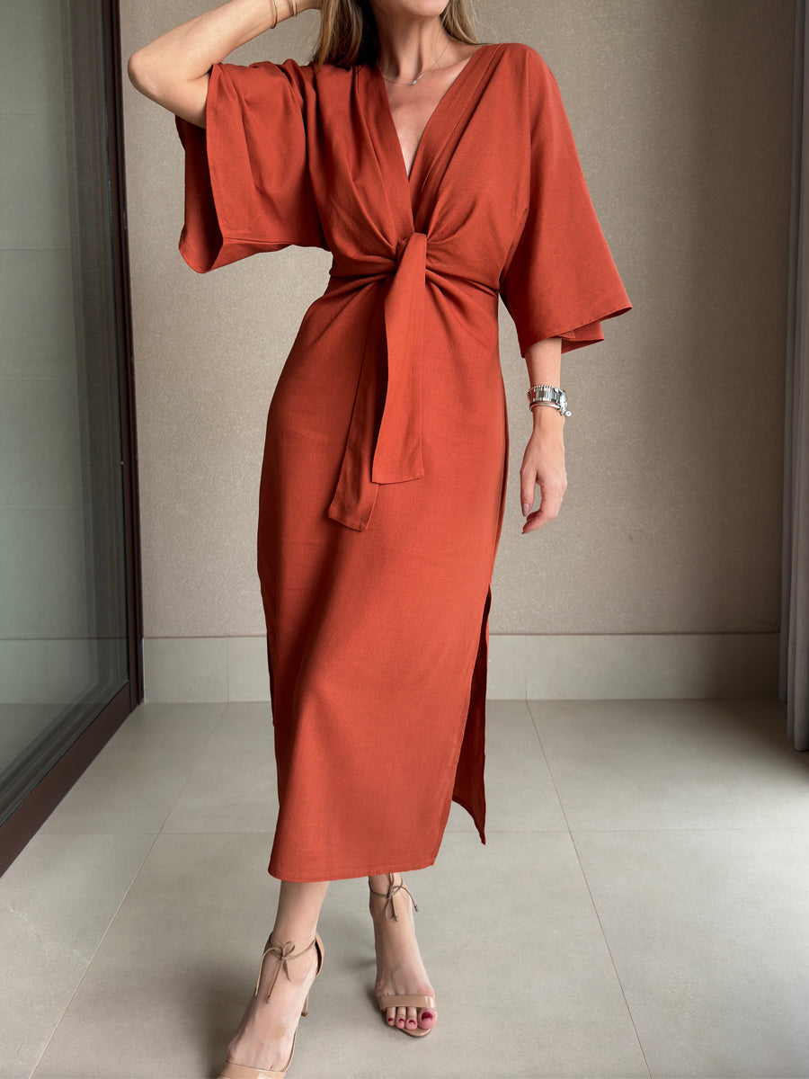 V-Neck Lace Up Slit Hem Dress