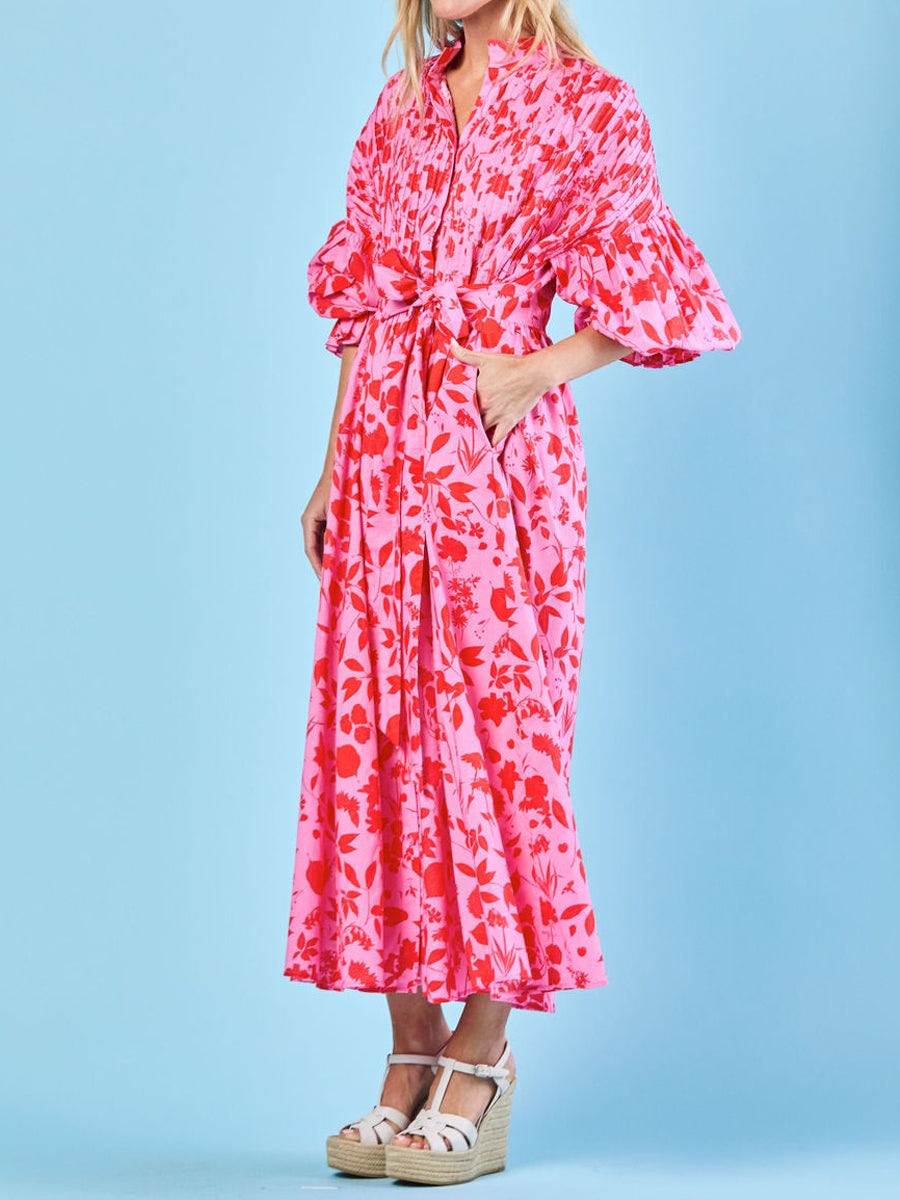 Printed Full Gathered Sleeve Maxi Dress