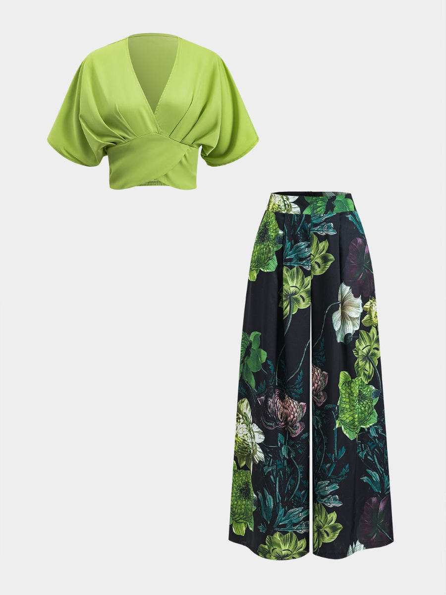 Ruched Short Sleeve Top And Floral Print Zipper Wide Leg Trousers Set