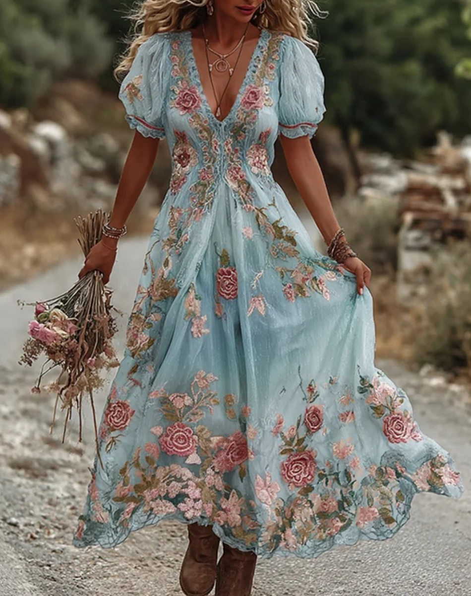 Vintage Floral Print Linen Maxi Dress