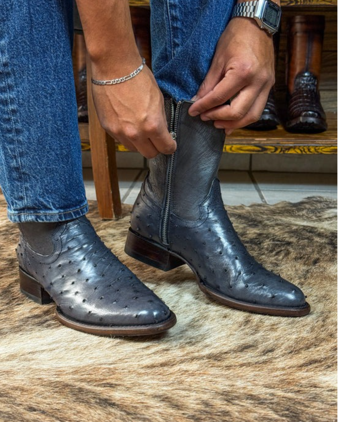 Handmade Ostrich Leather Cowboy Ankle Boots