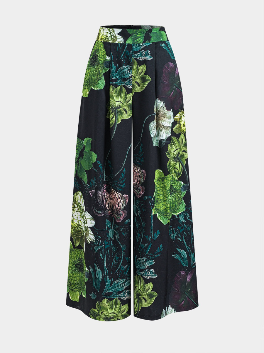 Ruched Short Sleeve Top And Floral Print Zipper Wide Leg Trousers Set