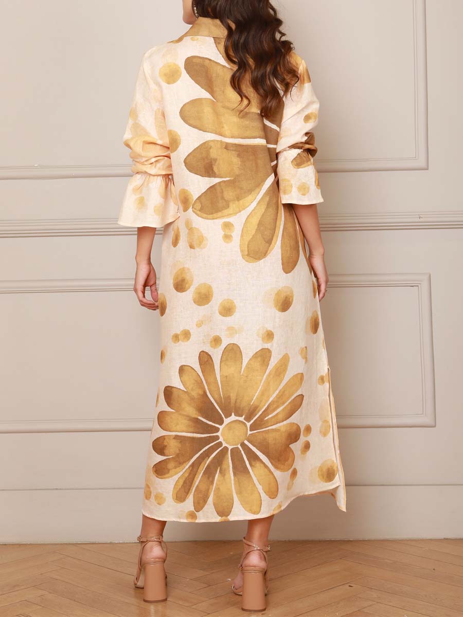 Casual Printed V-Neck Slit Hem Dress