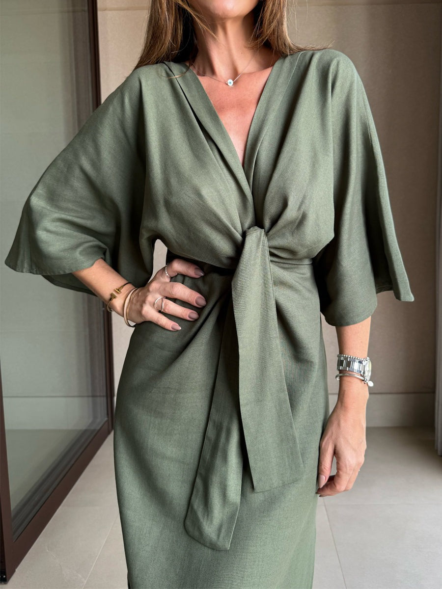 V-Neck Lace Up Slit Hem Dress