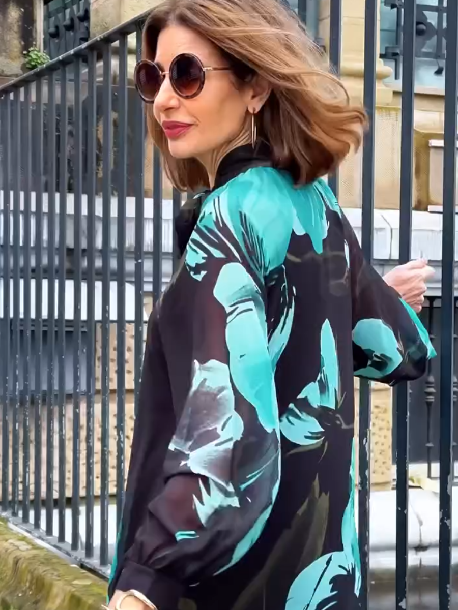 Stand-up Collar Printed Midi Dress