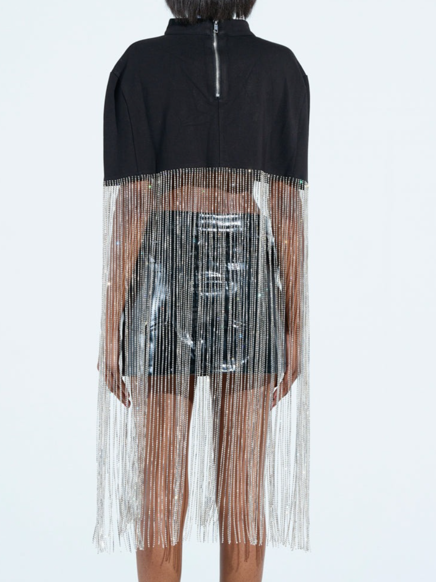 Shiny Tassel Stand Neck Crop Cape Blouse And Midi Skirt