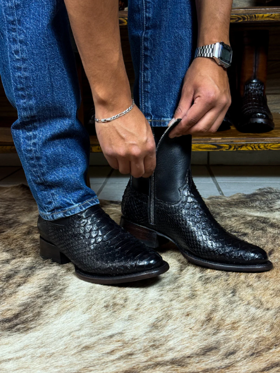 Python Leather Boots In Black