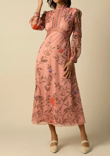 Elegant Floral Print Long Sleeve Midi Dress