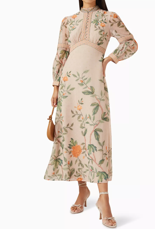 Elegant Floral Print Long Sleeve Midi Dress