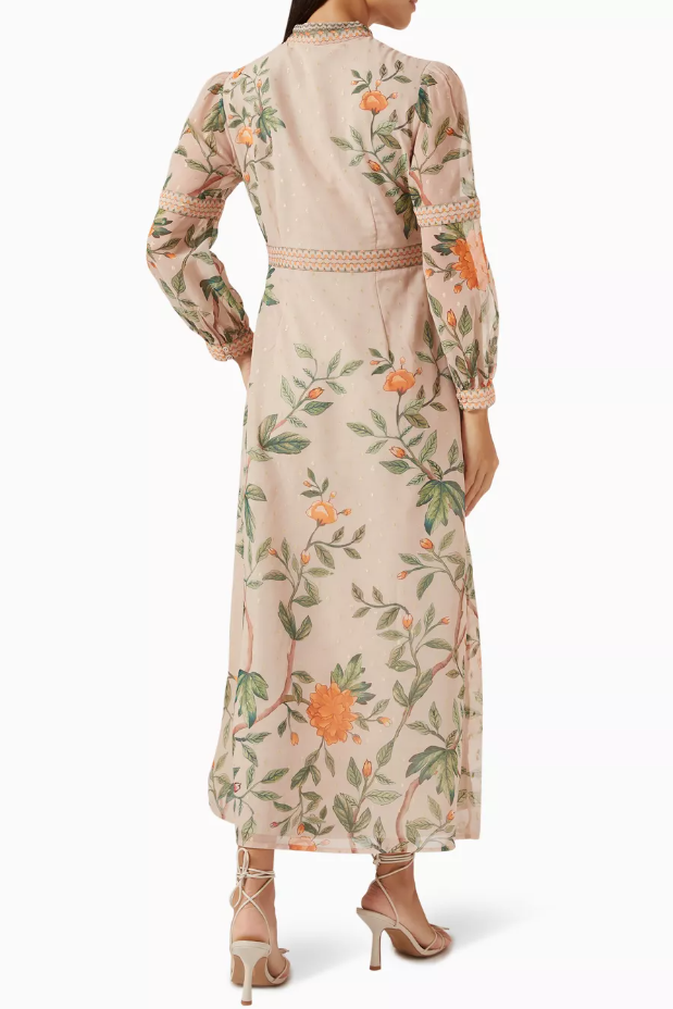 Elegant Floral Print Long Sleeve Midi Dress